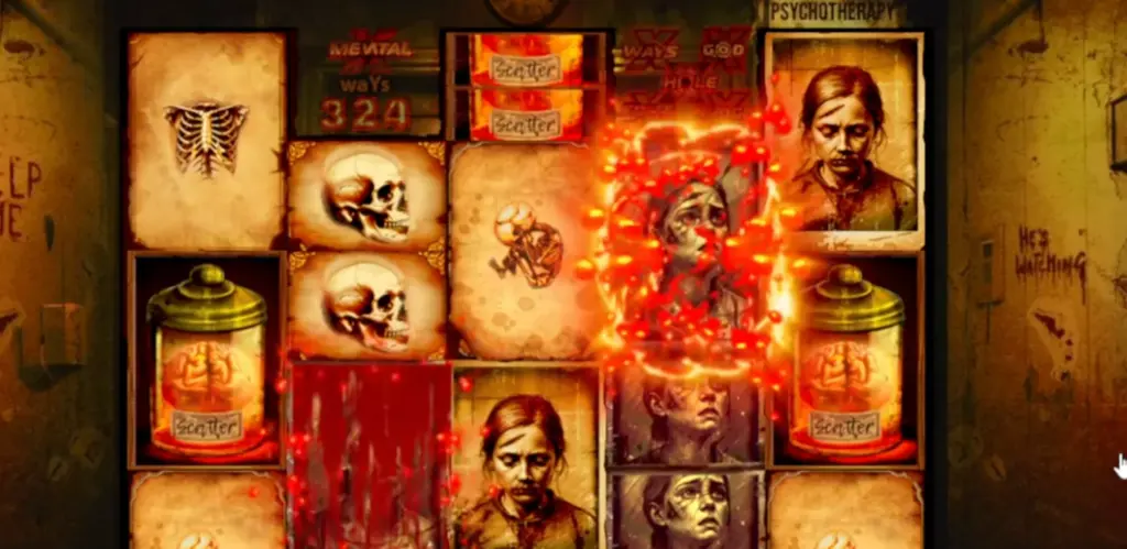 Main game screen of the Mental 2 slot with the dark theme and horror elements